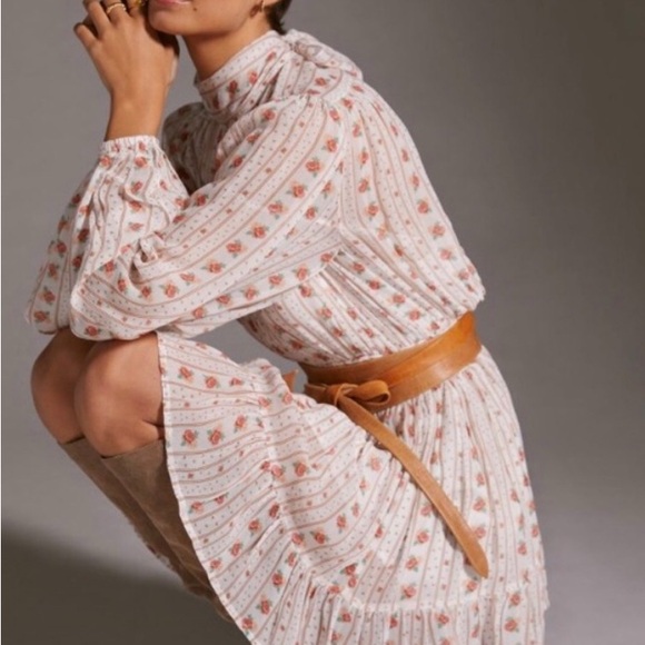 Anthropologie Let Me Be Pink Floral Combo Tie Mockneck Sheer Minidress with Slip - Picture 3 of 8